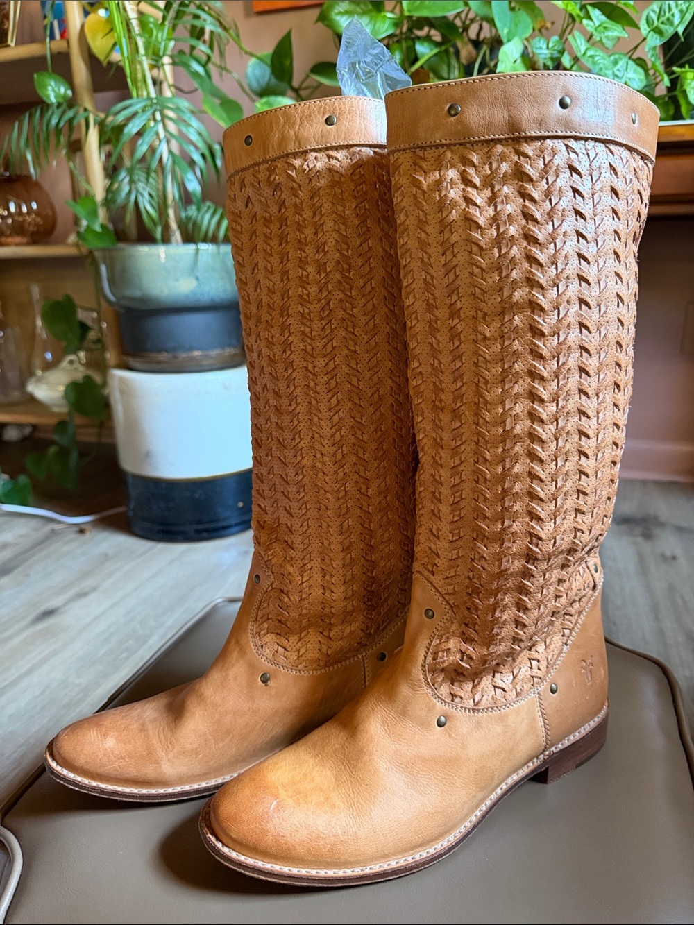 Frye Shirley Woven Leather Studded Riding Boots
